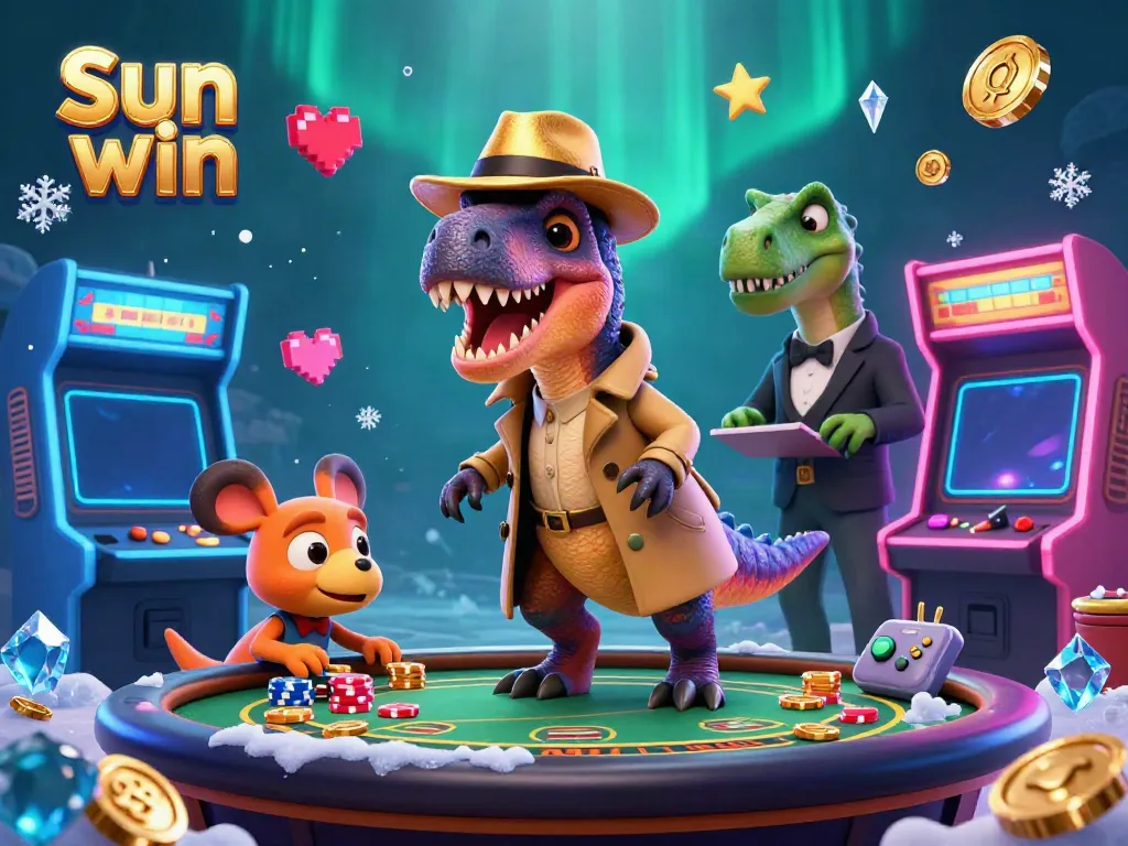 Experience the thrill of Sun win casino gaming with a vibrant 3D illustration of characters and gaming elements.
