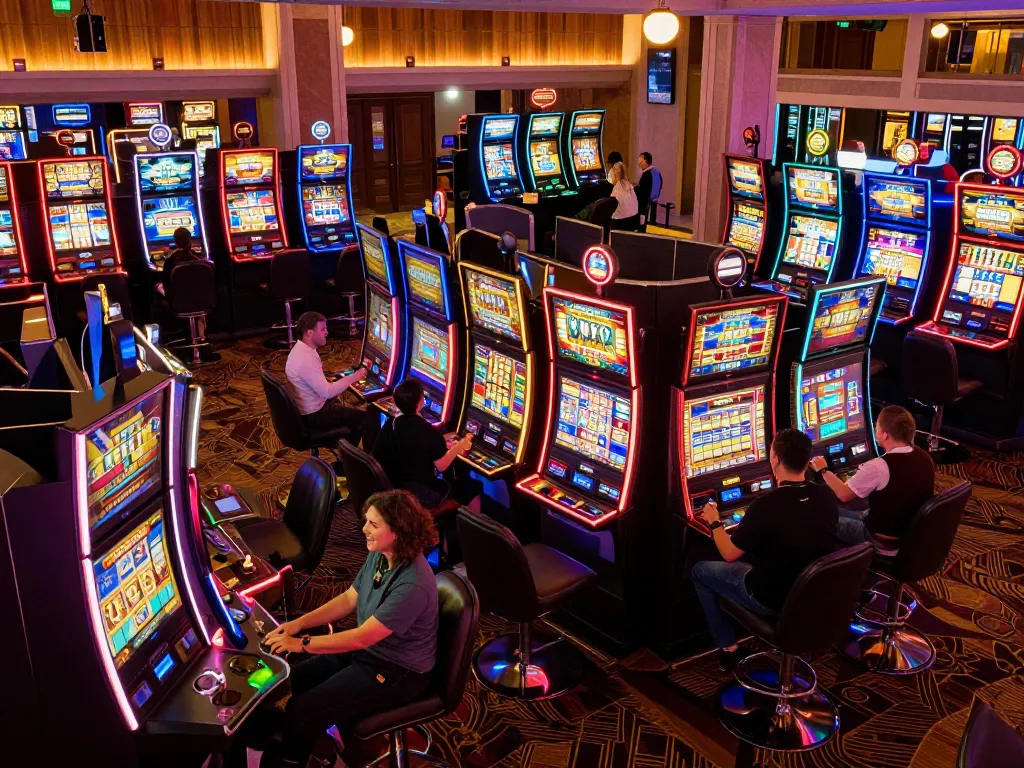 MM88 players engaging with colorful slot machines in an upscale casino.