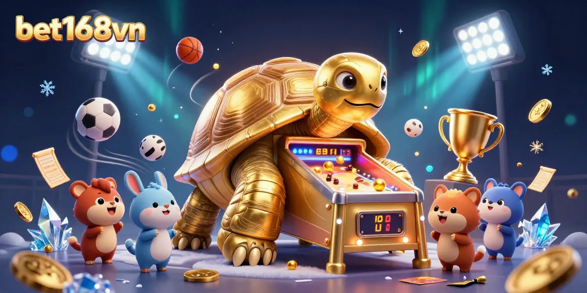 Engage with bet168vn's thrilling gaming experience featuring a colossal golden tortoise and interactive sports elements.