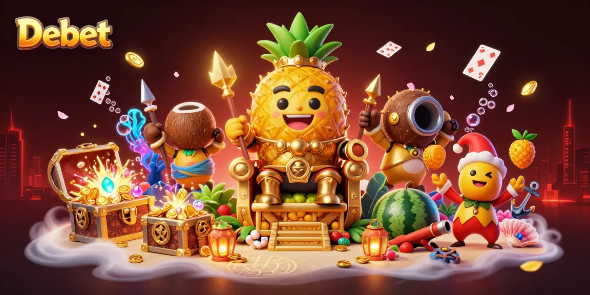 Experience exciting gaming action in Debet with vibrant casino characters and treasures.