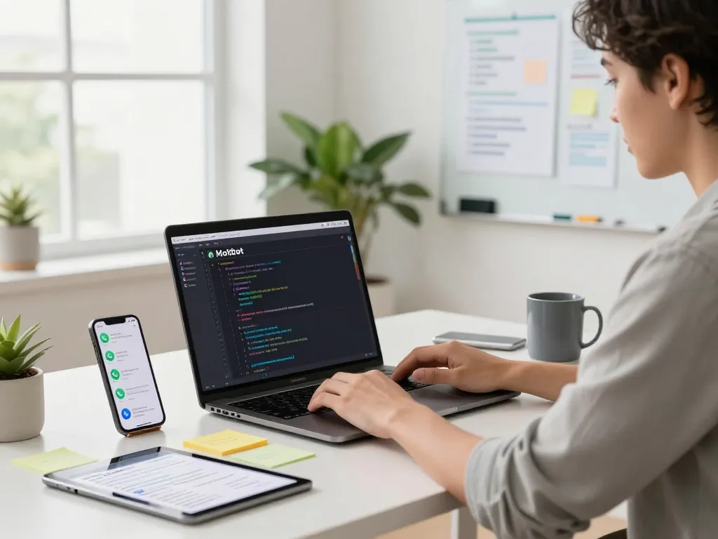 Moltbot AI in action at a developer's bright workspace, showcasing task automation and multi-platform integration.