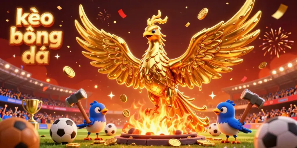 Experience the thrill of kèo bóng đá with a molten phoenix symbolizing winning strategies amidst a vibrant sports betting scene.