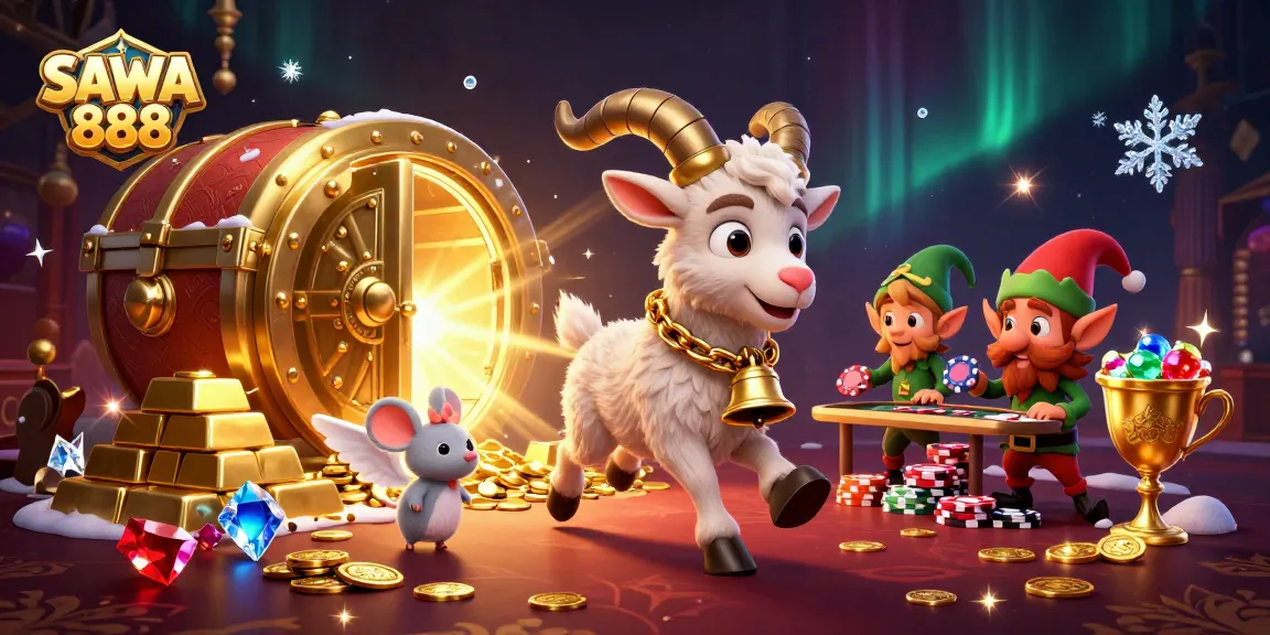 SAWA 888 reveals a vibrant scene with a Krampus goat managing a lively casino, vibrant with gems and treasures.
