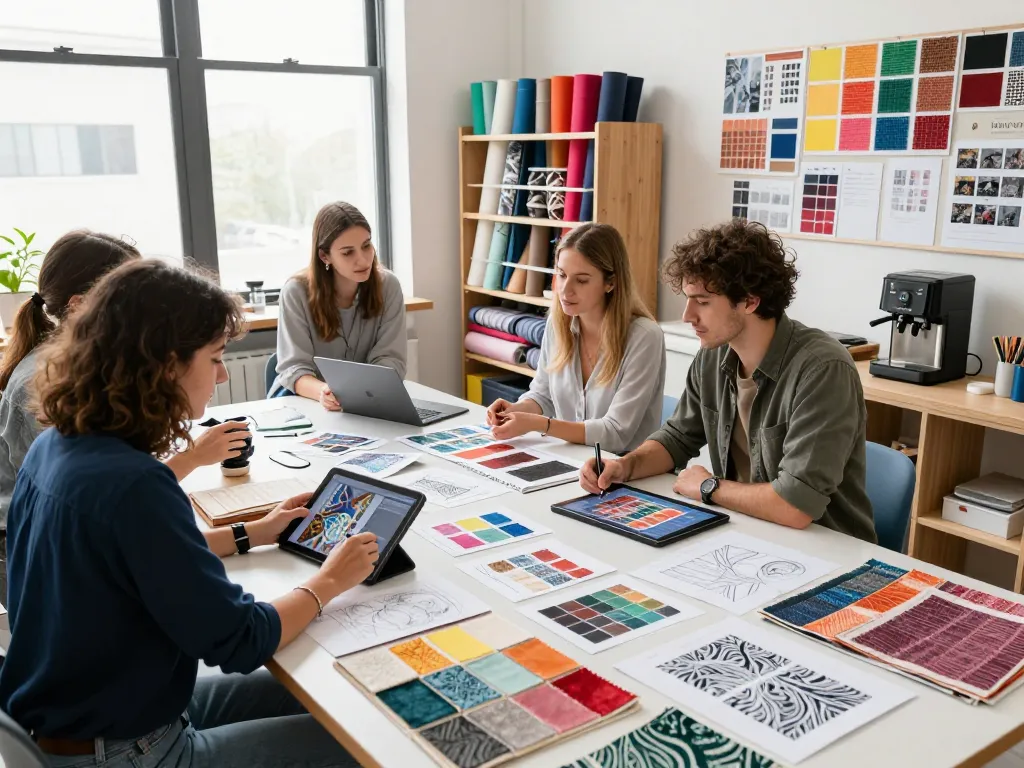 Sunwin textile designers collaborating in a bright studio filled with fabric swatches and innovative designs.