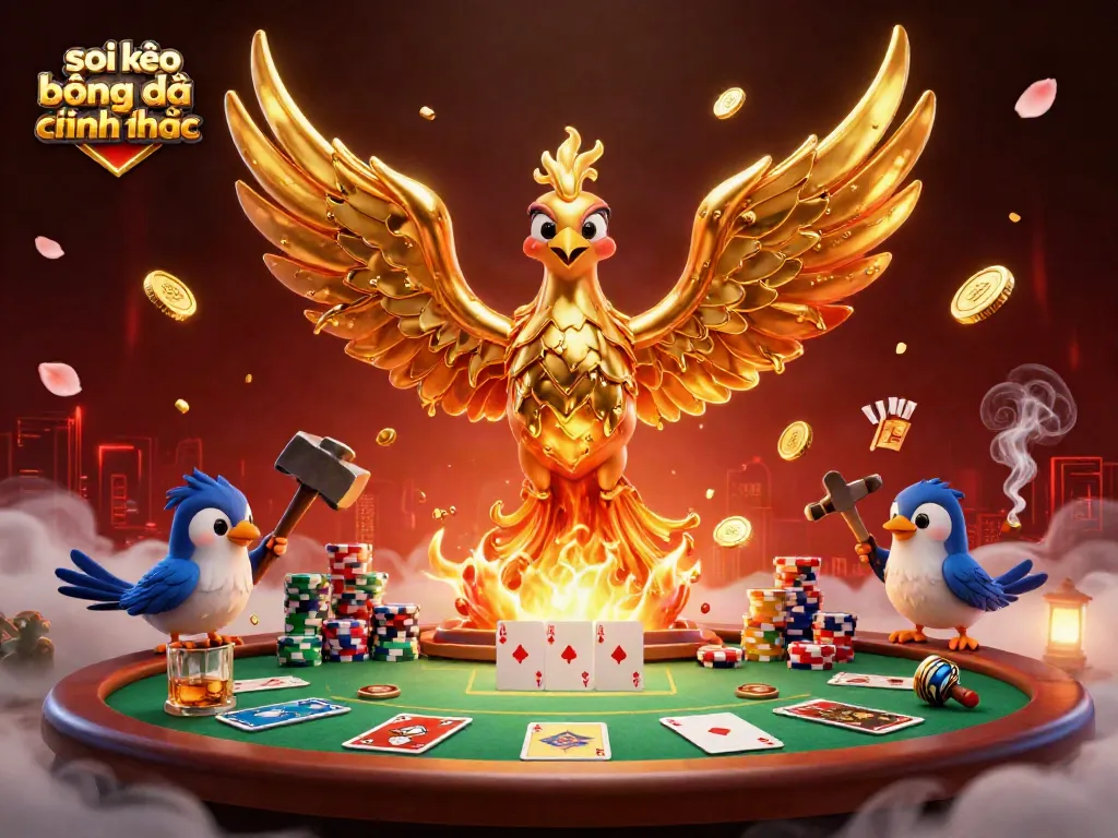 Soi kèo bóng đá chính xác illustrated as a dynamic 3D phoenix scene at a vibrant poker table.