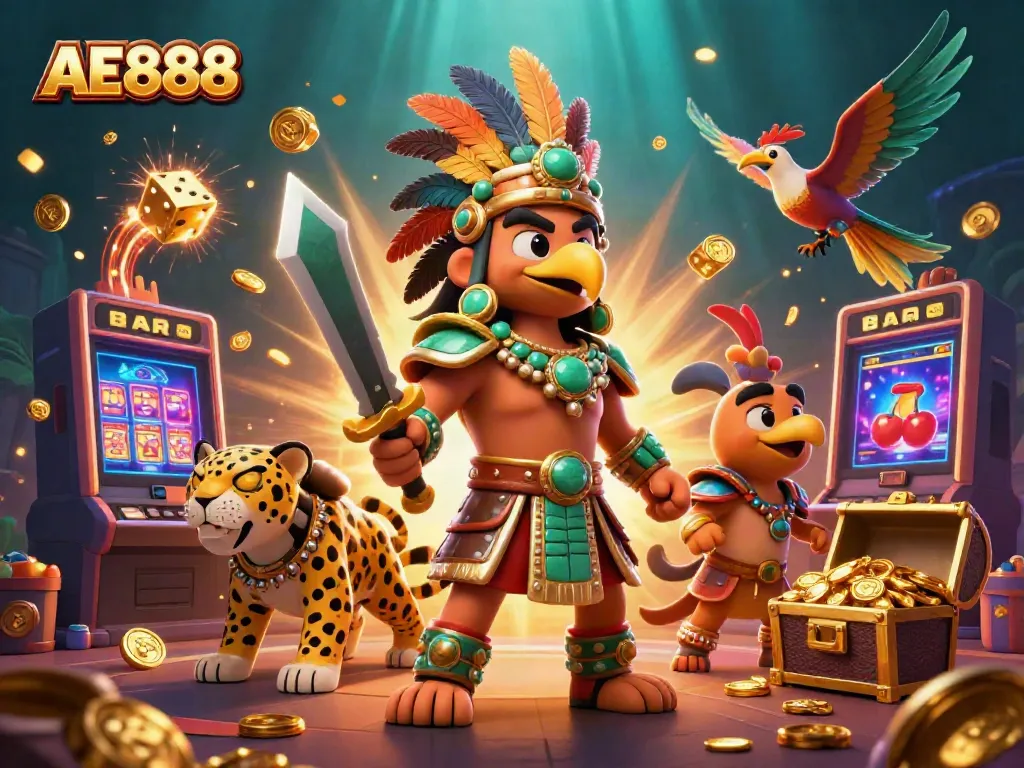 Experience AE888's thrilling slot adventure with vibrant characters and dynamic casino elements.