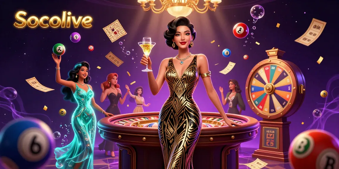 Socolive provides an elegant Asian woman celebrating with winning lottery balls and luxurious casino elements.