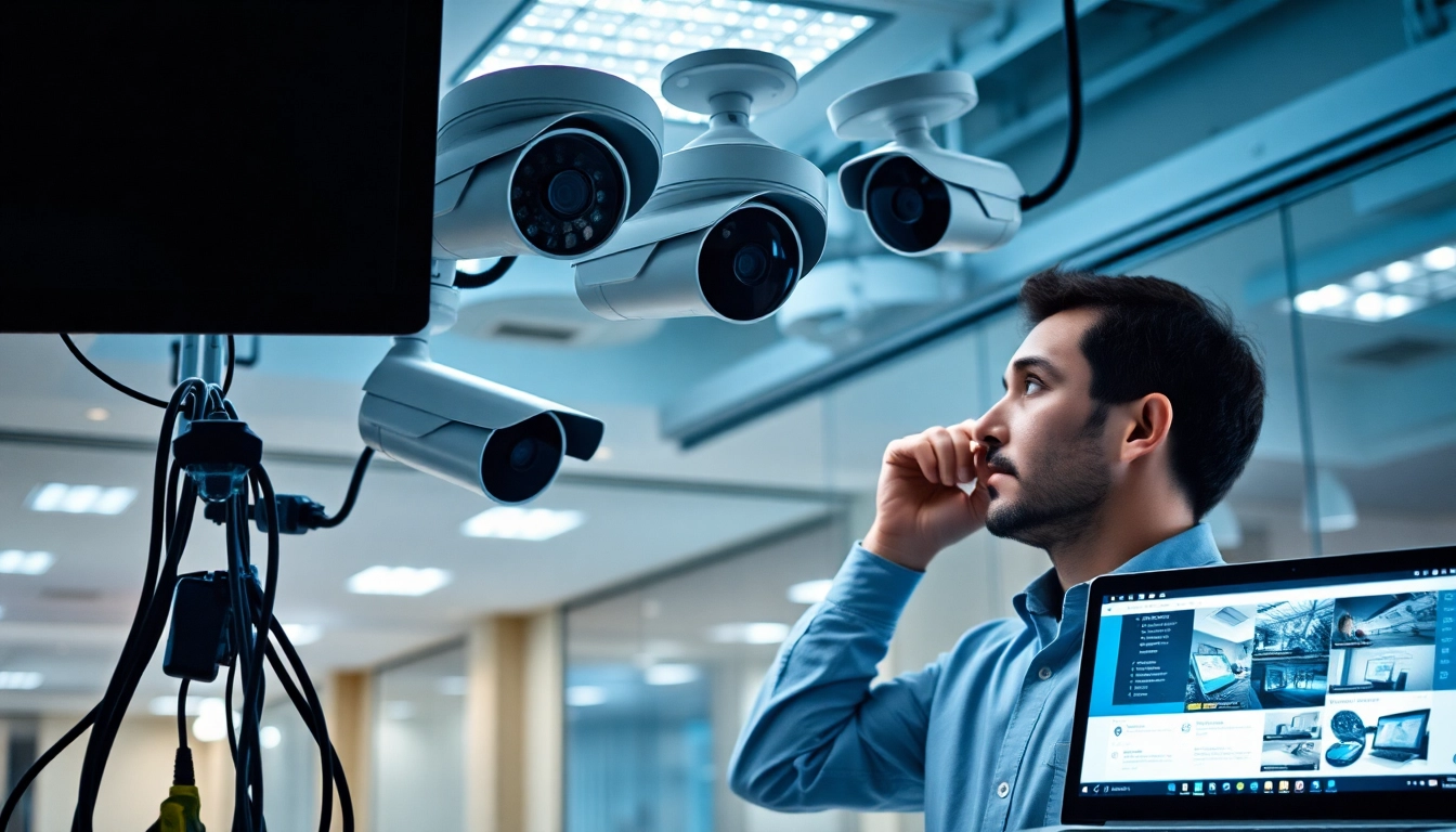 Soporte técnico en cámaras de seguridad con un técnico instalando un sistema de seguridad moderno.