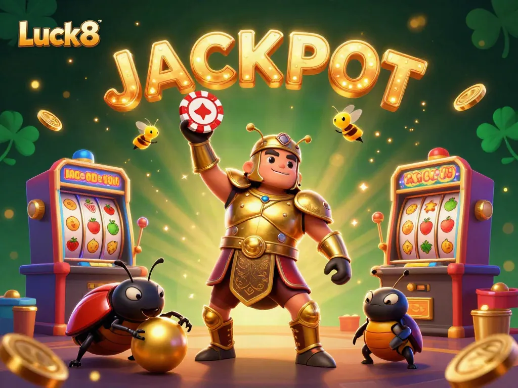 Experience Luck8 action with a triumphant beetle champion and vibrant casino games, immersed in energy and color.