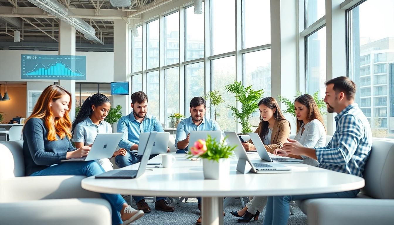 Dynamic coworking space illustrating professionals using wps下载 to enhance productivity.