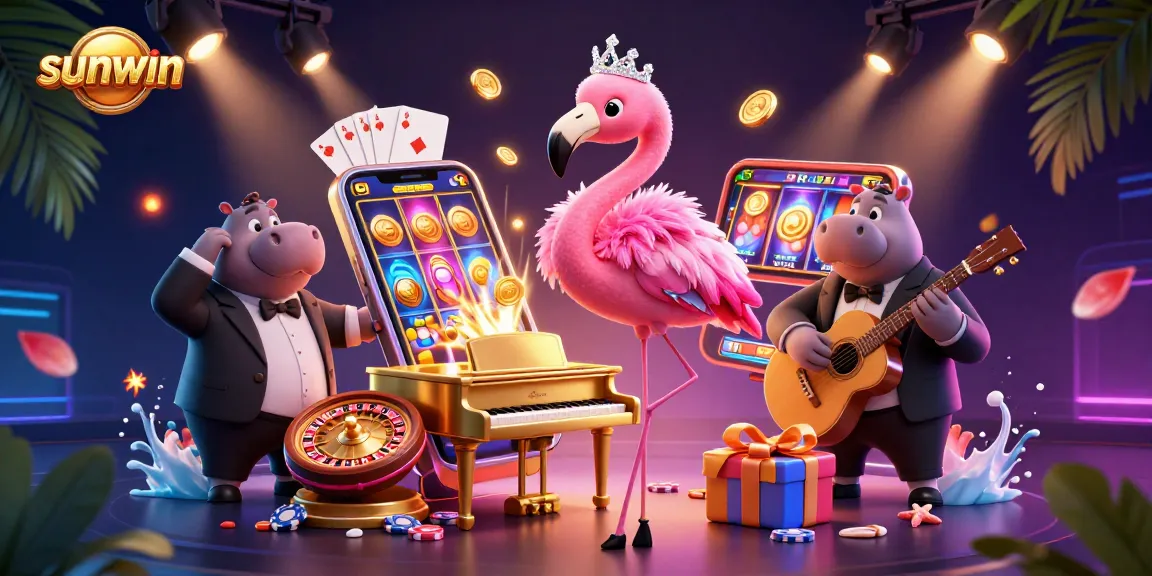 Experience sunwin's vibrant casino scene with dynamic action, slot games, and festive elements.