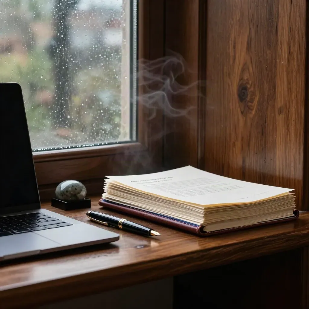 Walnut advisory shelf with laptop, leather folio, pen, paperweight and recommendation pack in rain haze.