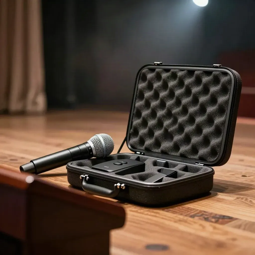 Microphone, clicker, and open presentation case beside a dark podium on a hazy stage.