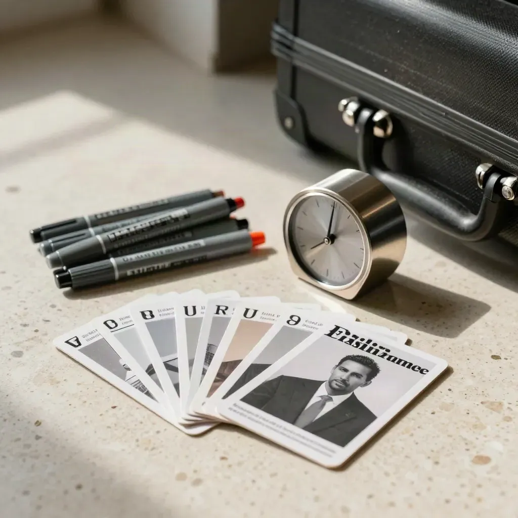 Workshop cards fan out beside markers, a timer and rolling case on a travertine floor.
