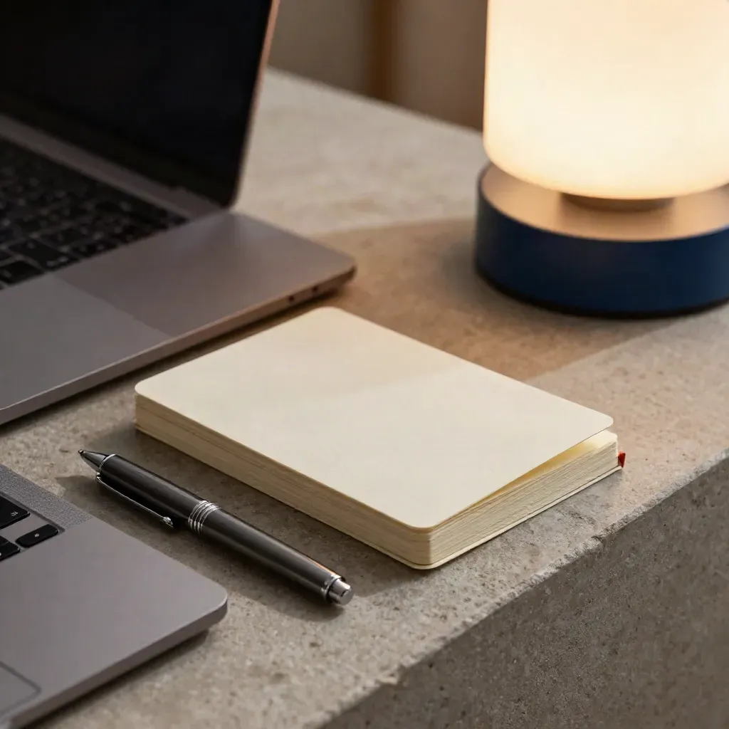 Macro of consulting session tools on a stone ledge beside a lamp base, in warm daylight.
