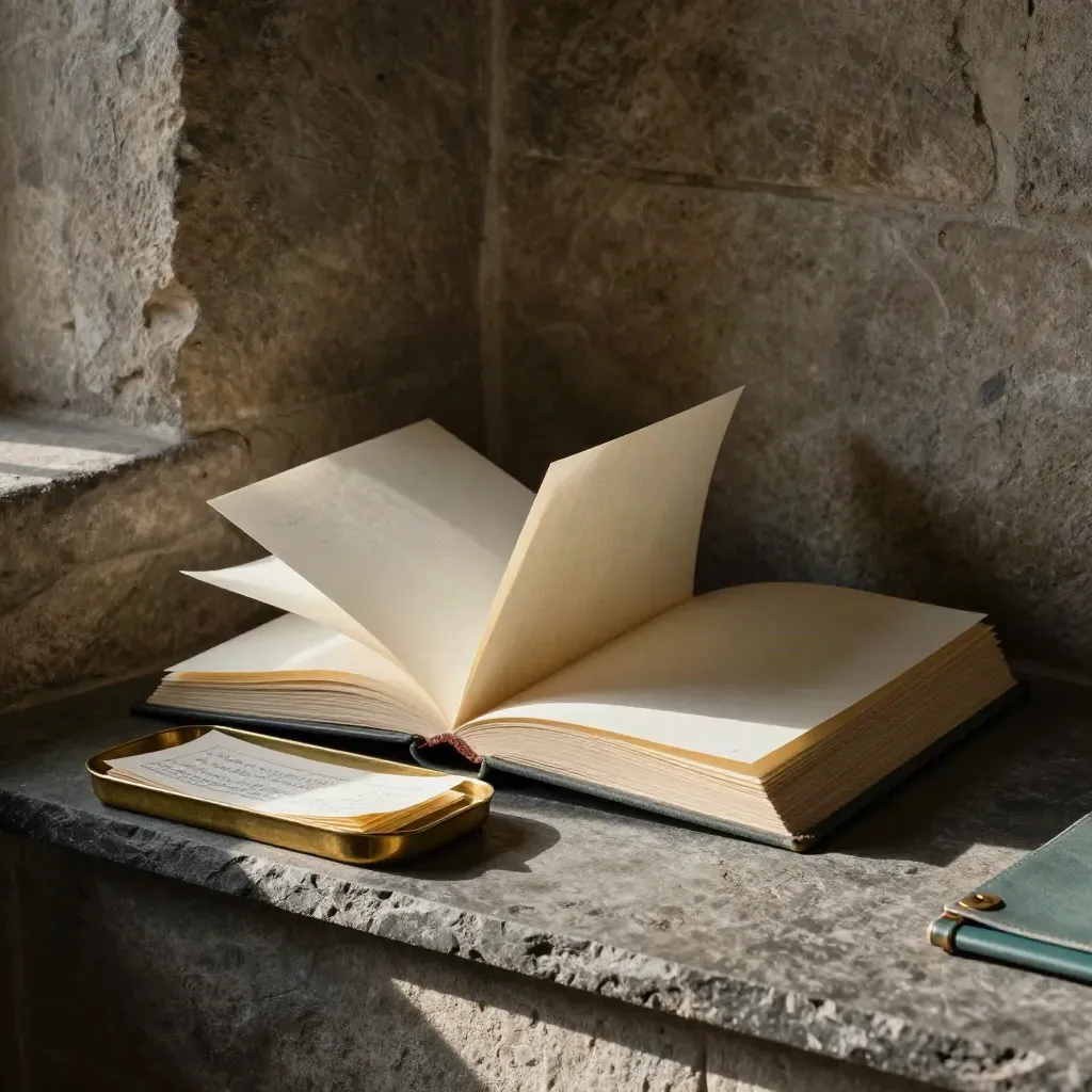 Opened folio, blank index stack and brass tray in a stone-lined room with warm afternoon light.