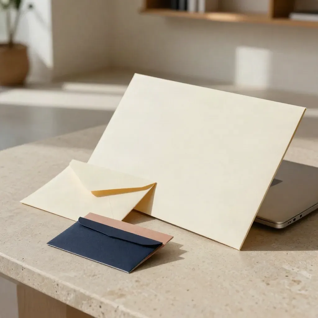 Cream folder, sealed envelope, closed laptop and card holder on brushed stone in warm window light.