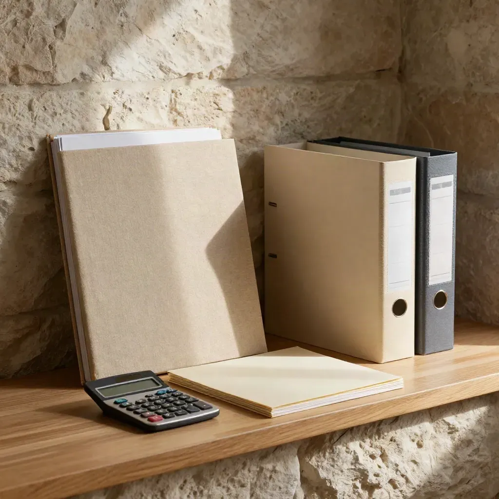 Finished charity bid pack with calculator and binders in a warm stone room.