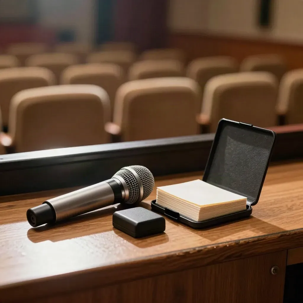 Microphone, clicker and cue-card case beside an empty stage in dim auditorium haze.