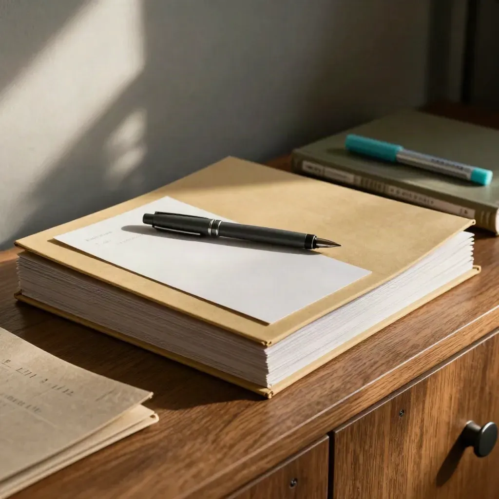 Oak sideboard with folders, fountain pen, cards and binder under moody lamp light.