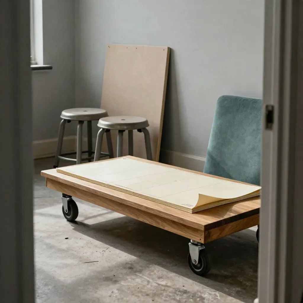 Quiet workshop reset with cards, stools and a rolled-away board in soft daylight.