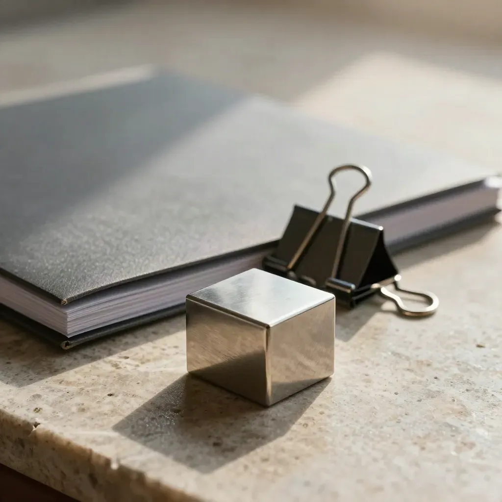 Paperweight, binder clips, and closed folder on brushed stone in dramatic side light.