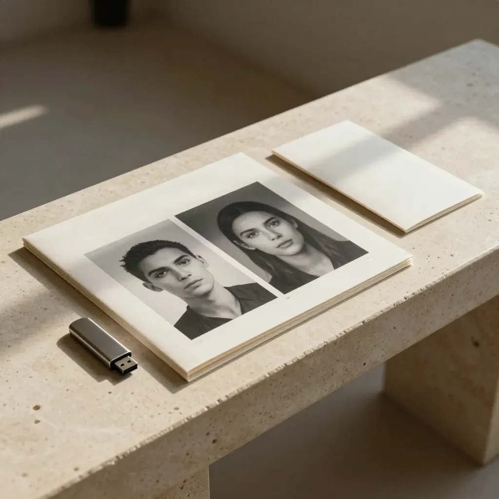 Pristine press-kit folder, face-down portrait prints and sealed USB on a cream stone console