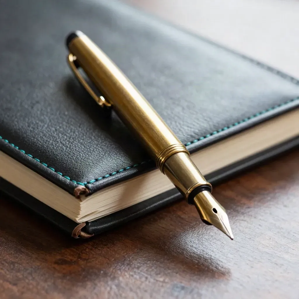 Brass fountain pen, closed black notebook and leather folio on dark walnut, lit with a teal rim glint.