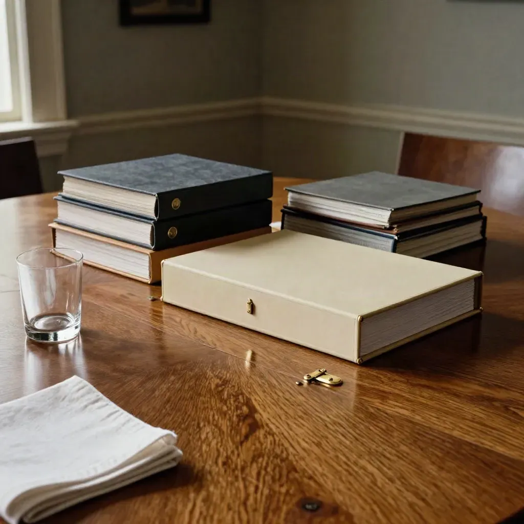 Quiet oak boardroom with binders, report boxes, and a glass carafe after review