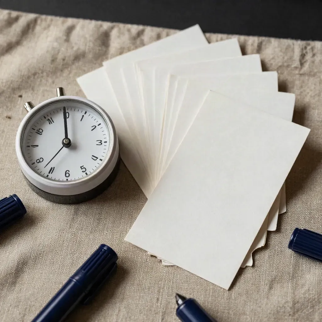 Workshop cards, timer and marker caps on linen in soft daylight