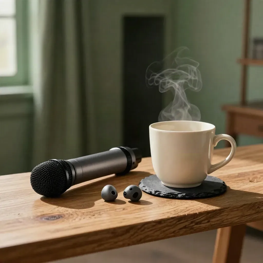 Backstage kit with microphone, clicker, earbud case and steaming ceramic cup on slate