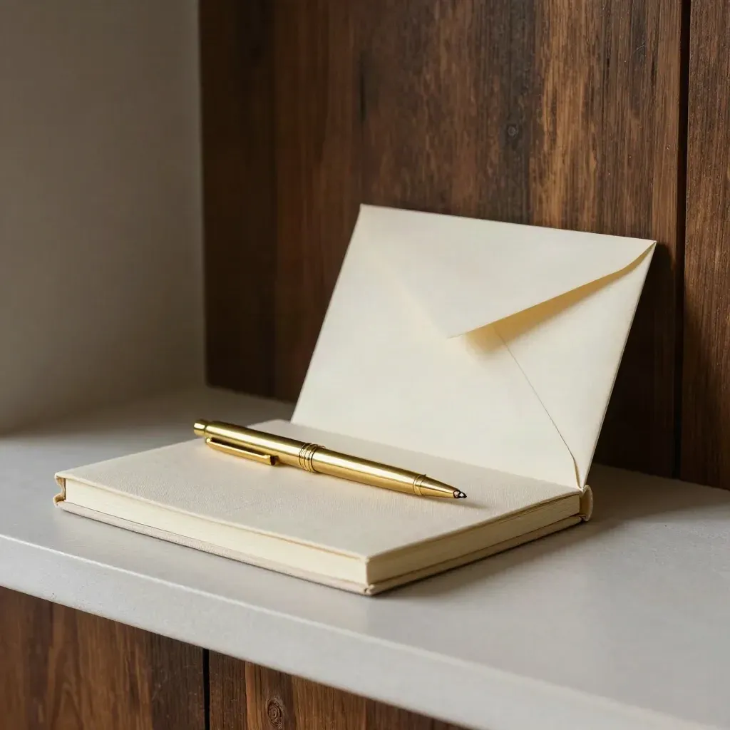 Notebook, brass pen and tilted envelope on a pale shelf beside dark timber.