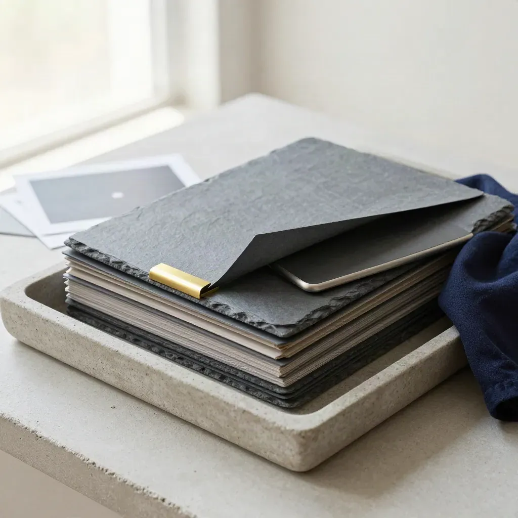 Stone tray with stacked folders, brass clip, closed tablet, and navy cloth in soft daylight.