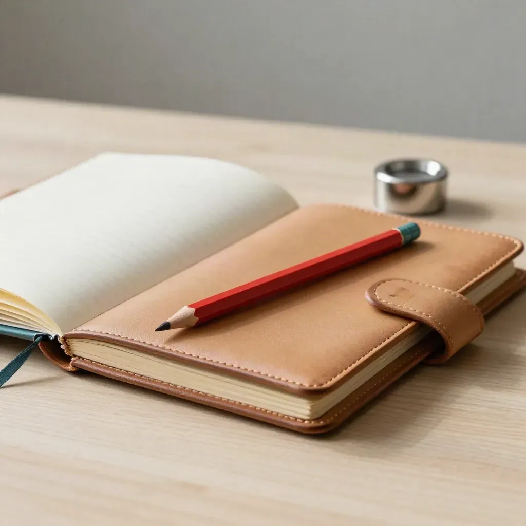 Notebook, red pencil, leather folio and paperweight on pale wood, softly lit from the side
