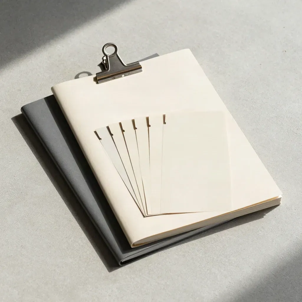 Overhead flatlay of a clipped folio and two matte binders on pale concrete.