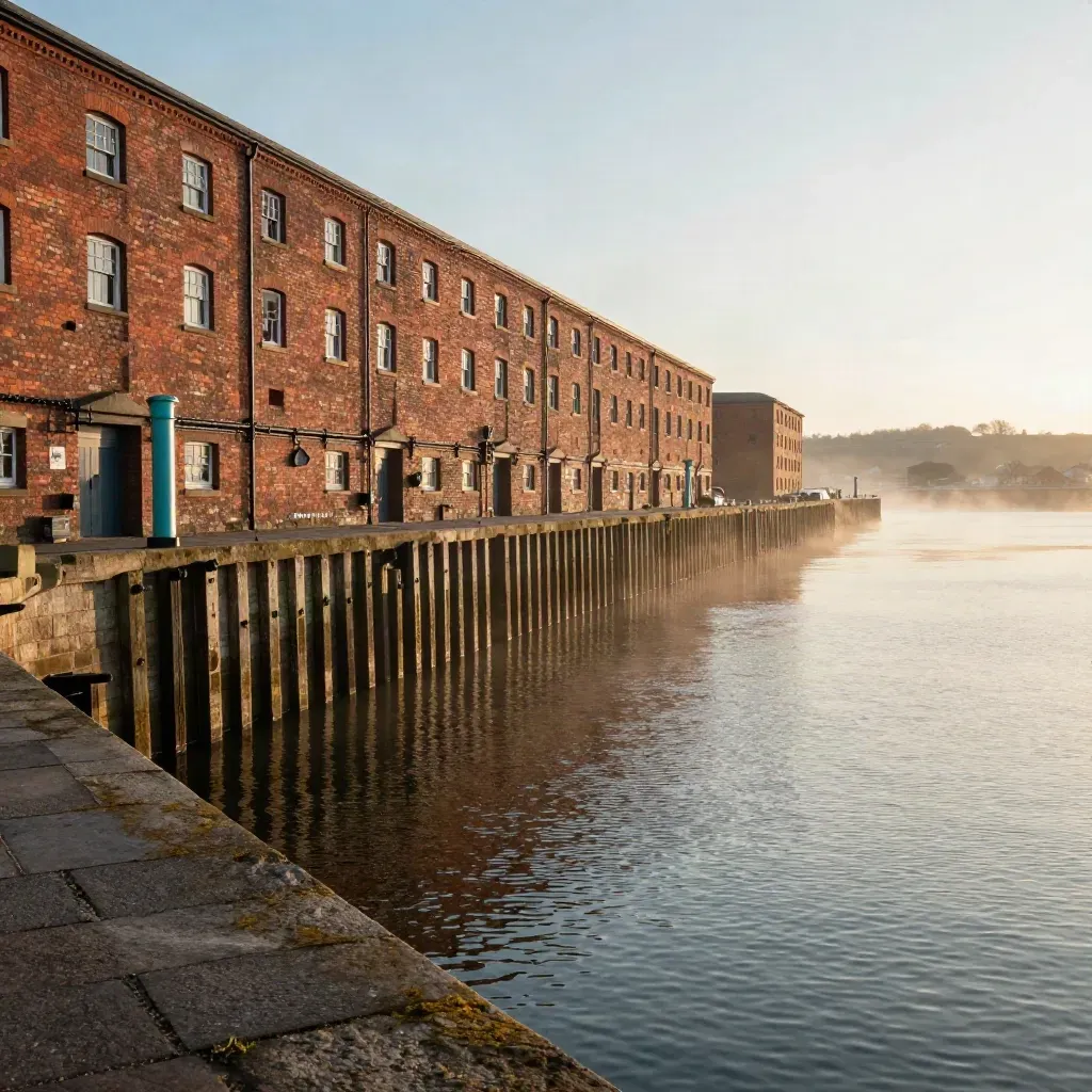 Golden-hour docks of North West England with red-brick warehouses and misty water.