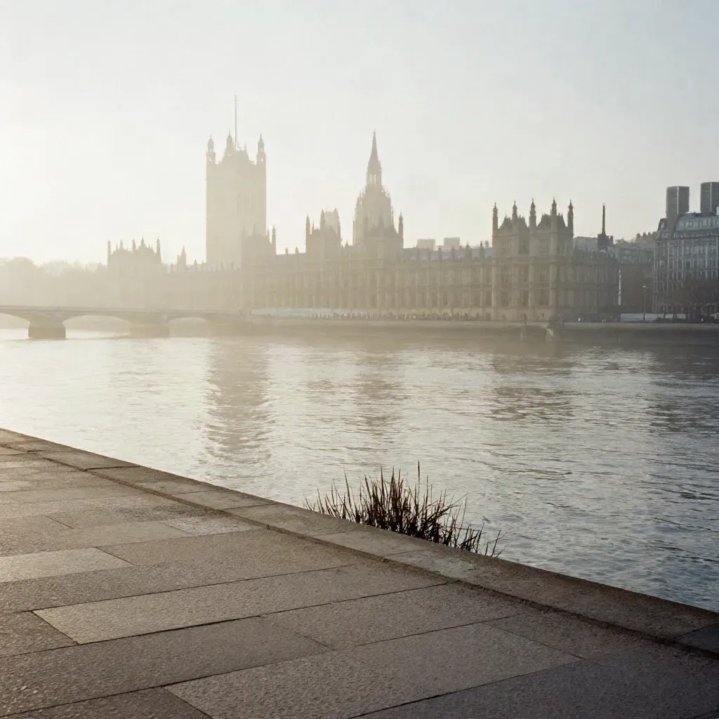 Dawn Thames mist with Westminster silhouette above a calm riverbank.