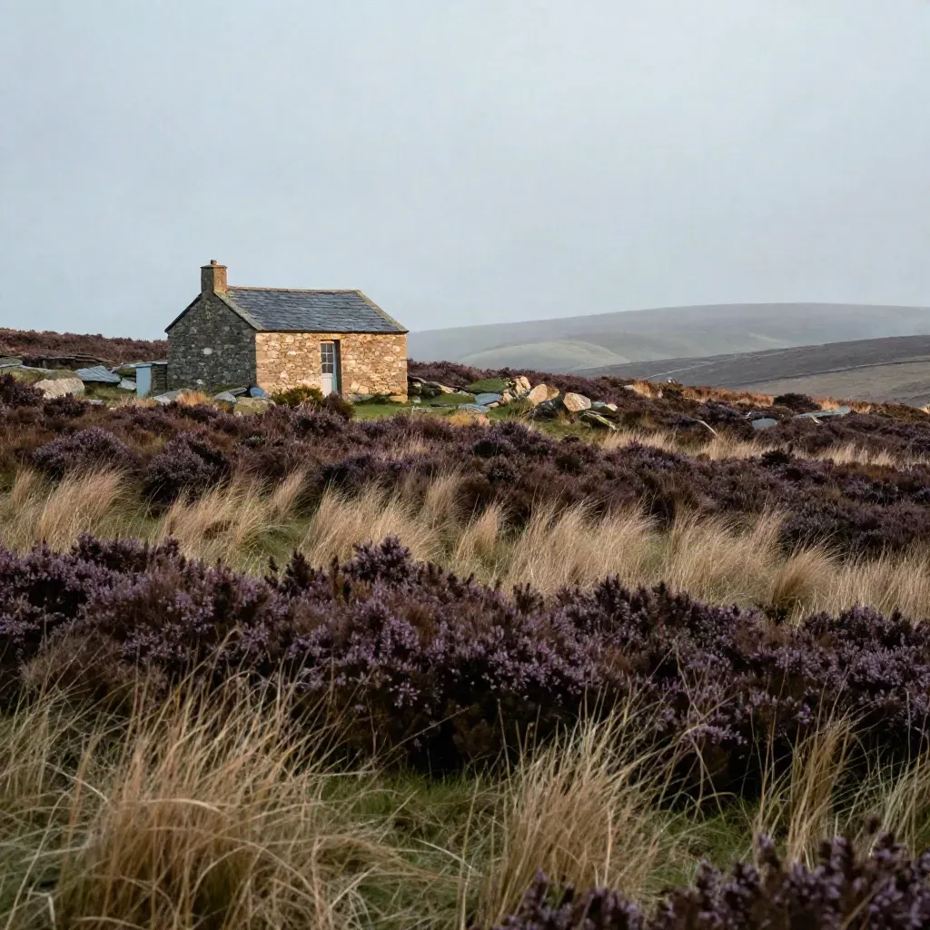 Wind-brushed moorland with a lone stone bothy under misty hills and warm light