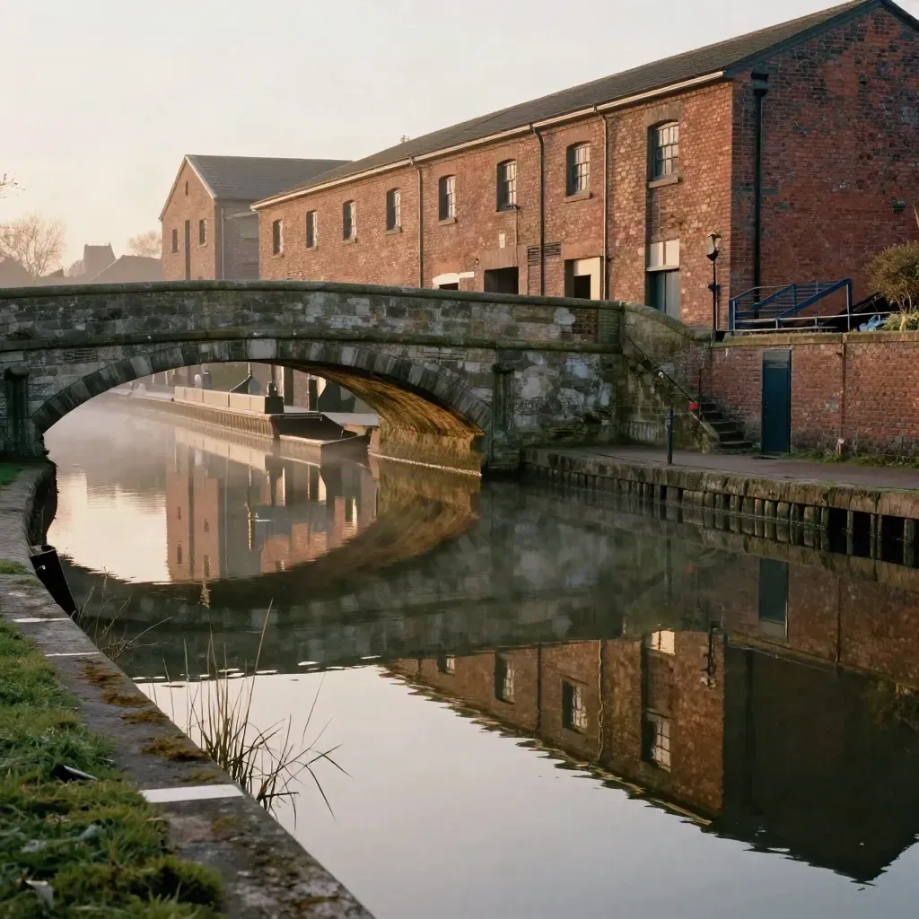 Sunlit Midlands canal basin with stone bridges and brick warehouses mirrored in calm dusk water.