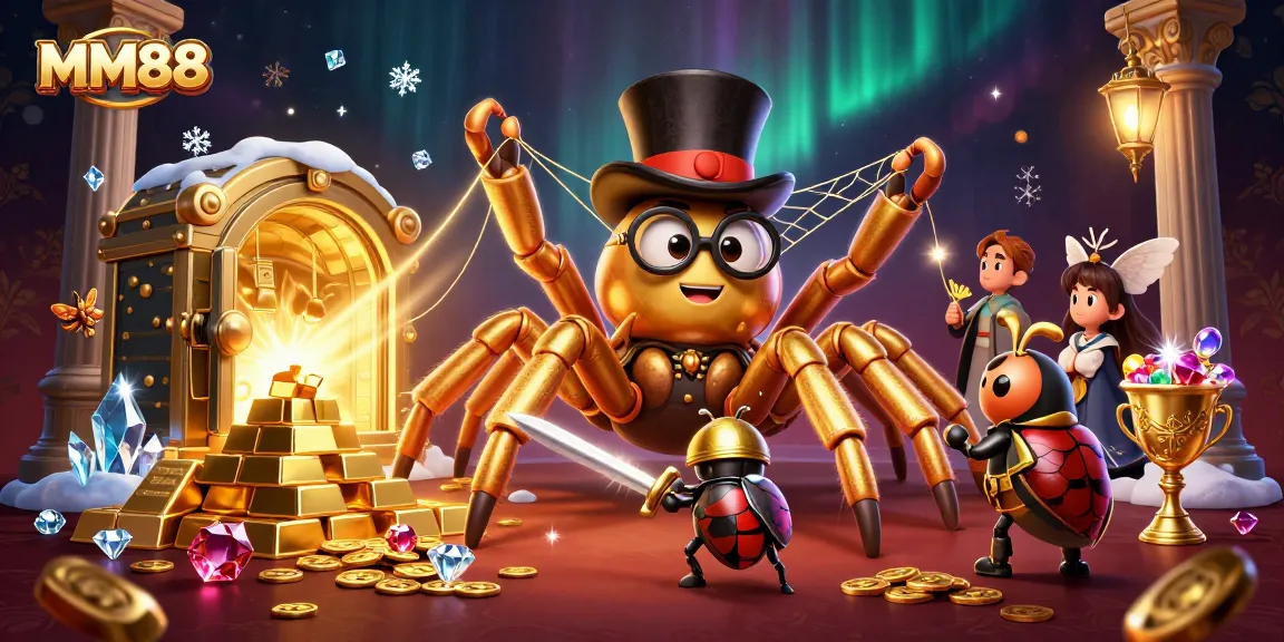 Experience the thrill of MM88 with a vibrant casino scene featuring golden treasures and characters.