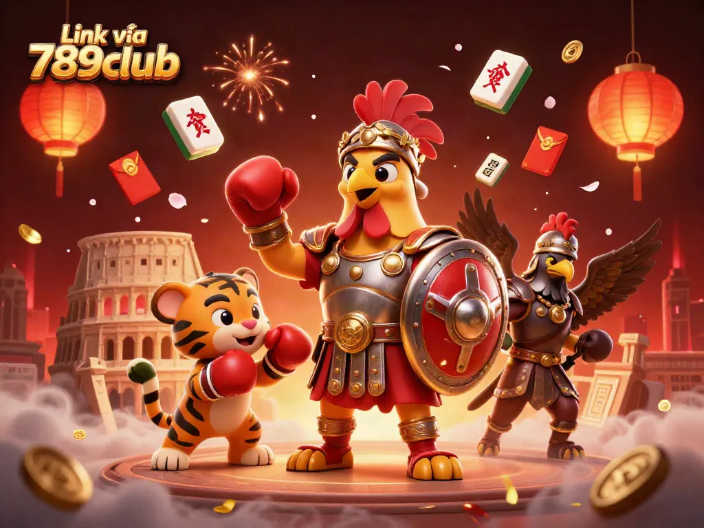 Engage with the thrilling atmosphere of Link vào 789club, highlighting a 3D gladiator rooster and vibrant gambling elements.