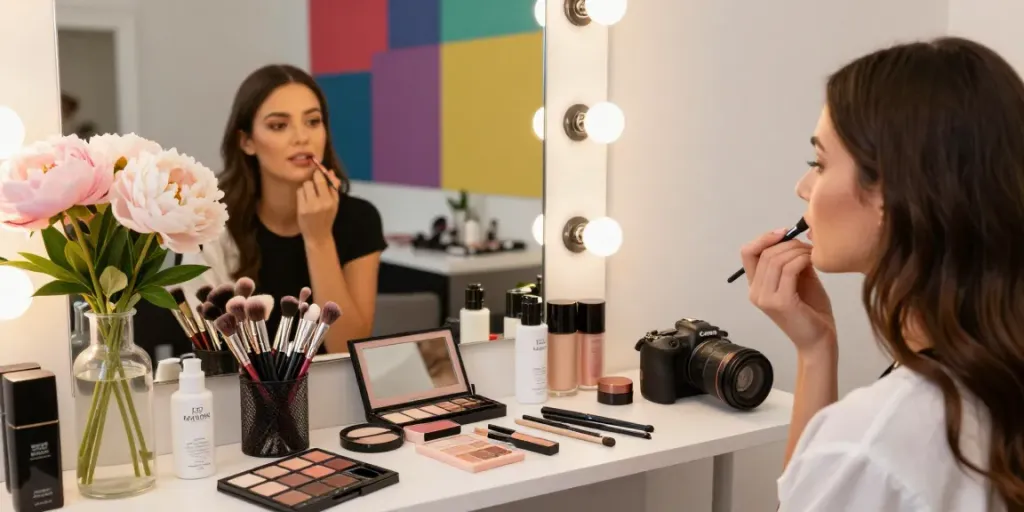 Makeup Artist Colchester applying soft glam makeup in a stylish studio.