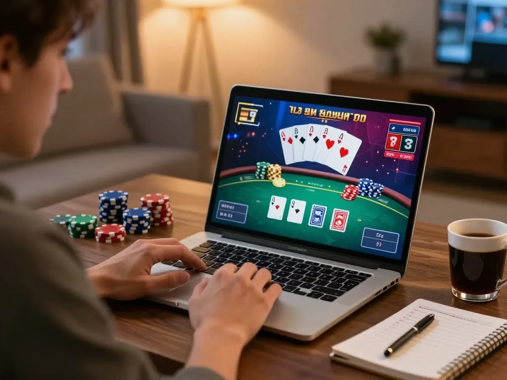 Win678 player engaging in intense online poker action using a laptop at home.