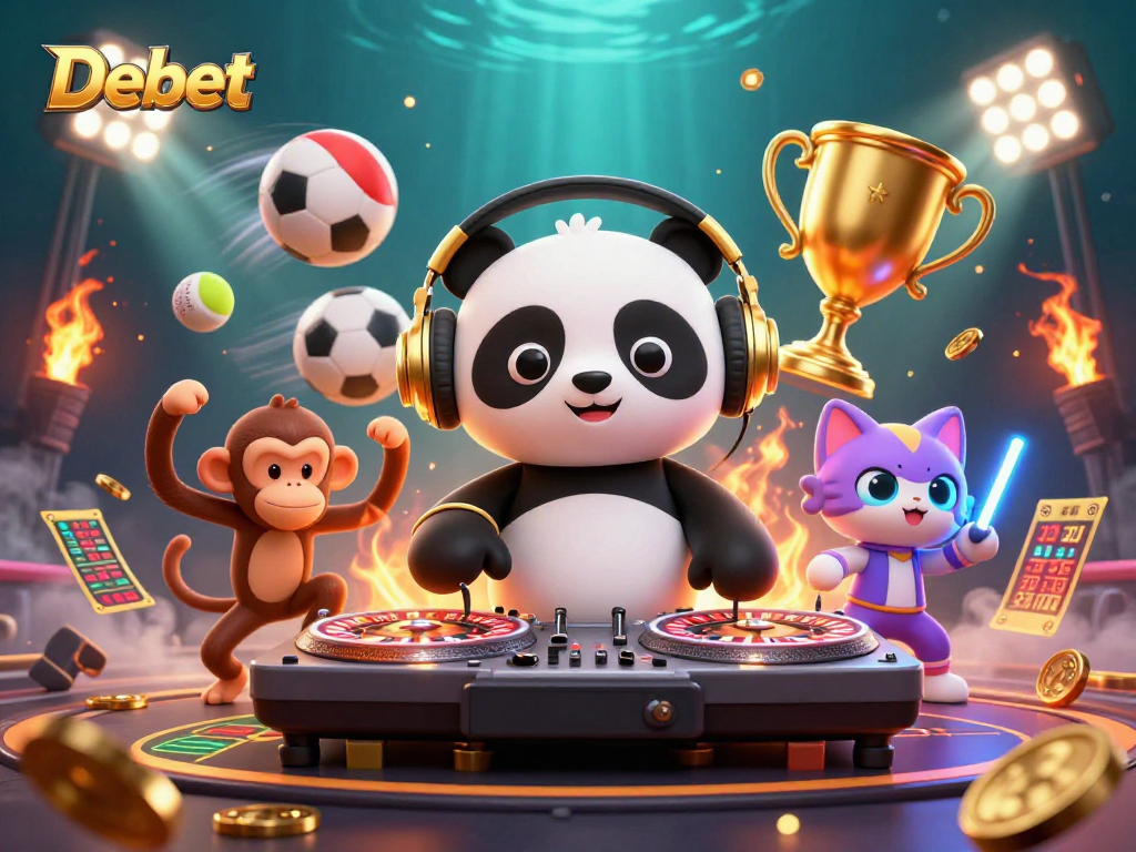 Experience thrilling moments at Debet with animated fun characters in a vibrant casino scene.