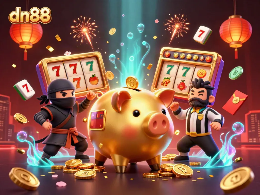 Experience dynamic gameplay with dn88 in this vibrant casino scene featuring a golden piggy bank sumo wrestler.