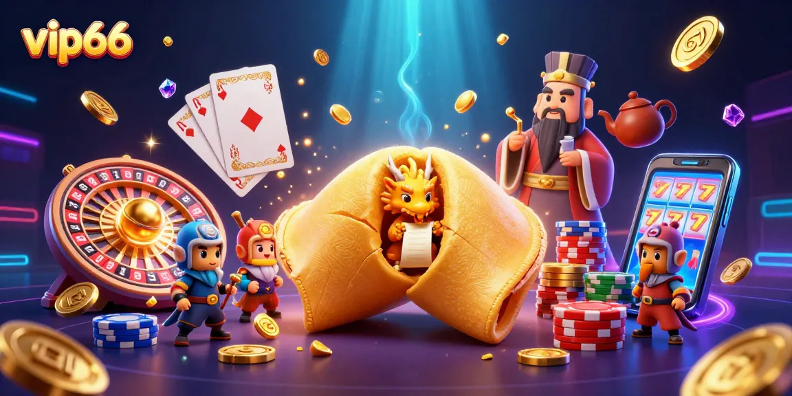 Experience the vibrant action at vip66 with a dynamic 3D casino illustration of fortune cookies and dragons.