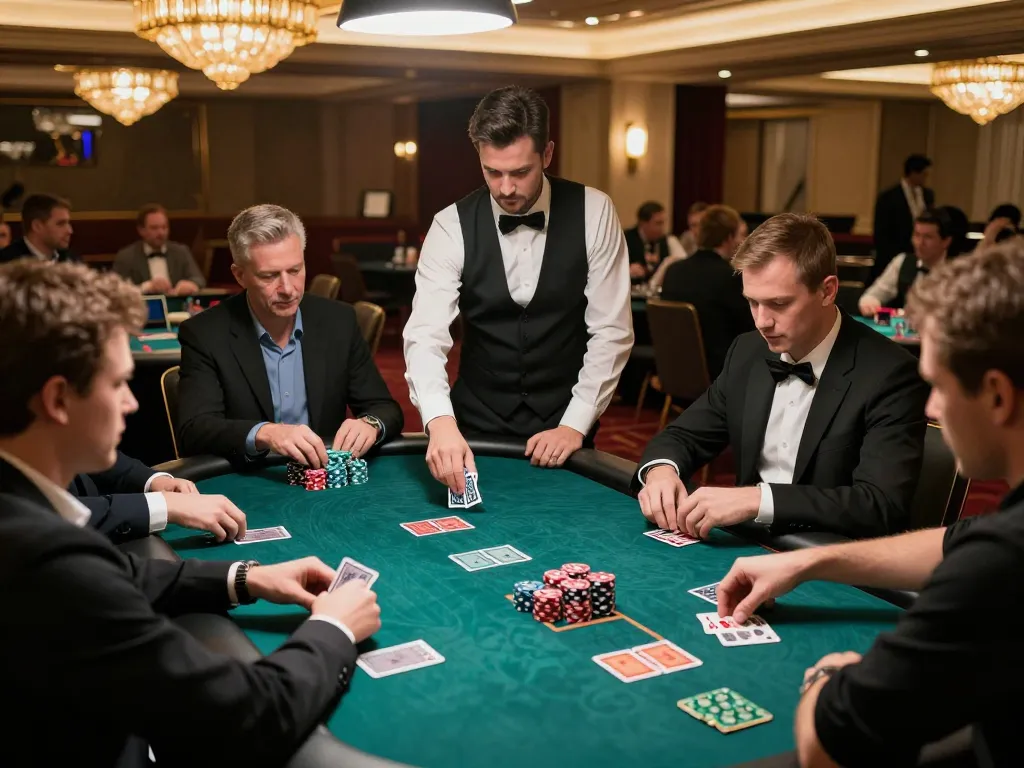 Players engaged in strategic poker gameplay at upscale casino com, vibrant atmosphere with professional dealer.