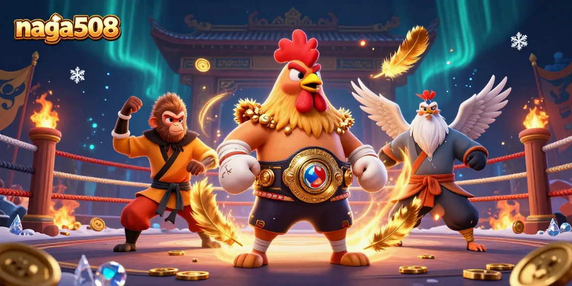 Naga508 features a fierce Muay Thai rooster and martial artists in a vibrant casino scene.
