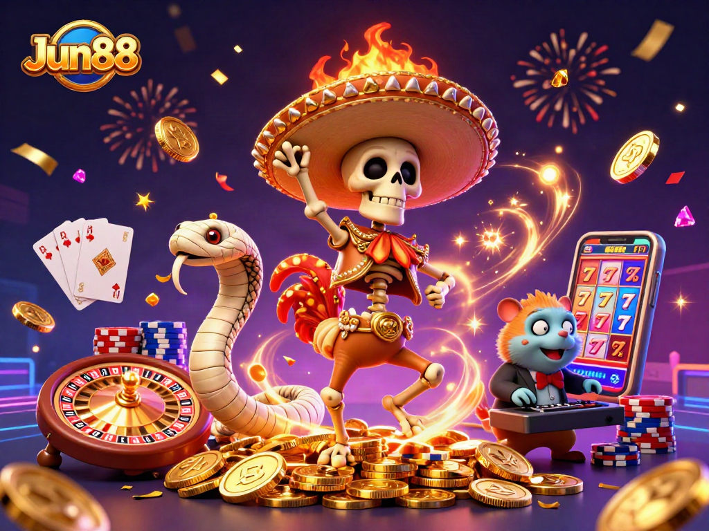 Jun88 casino fun with a mariachi rooster dancing amidst golden coins and vibrant gaming elements.