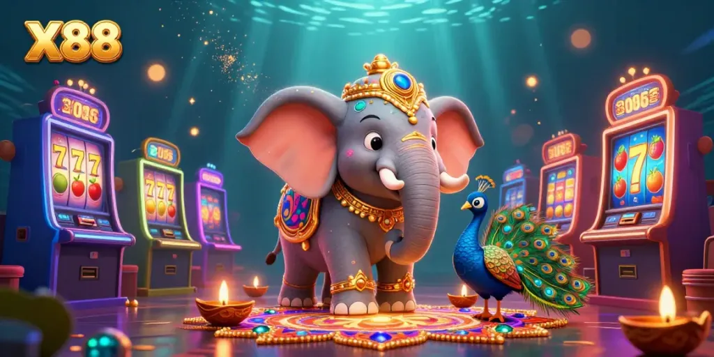 X88's vibrant casino scene with a Diwali-themed elephant, peacock, and slot machines.